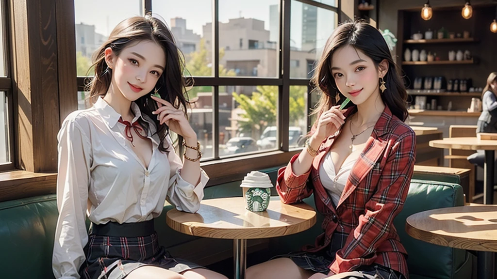 8K、RAW Photos、Highest quality、Super detailed、Super Resolution、Ultra HD、8K壁紙、Amazing details blazer uniform girl ((White blouse with formal collar, A nice red blazer, Black plaid skirt, Red checkered ribbon on blouse)), Complete limbs, Full Finger, 
((((Inside the Starbucks store))))、16 year old female student、(((Eat cake、Drink coffee、smile)))、Heart Necklace、Gold bracelet
((Emphasize cleavage))
((((Woman sitting at the window seat))))

