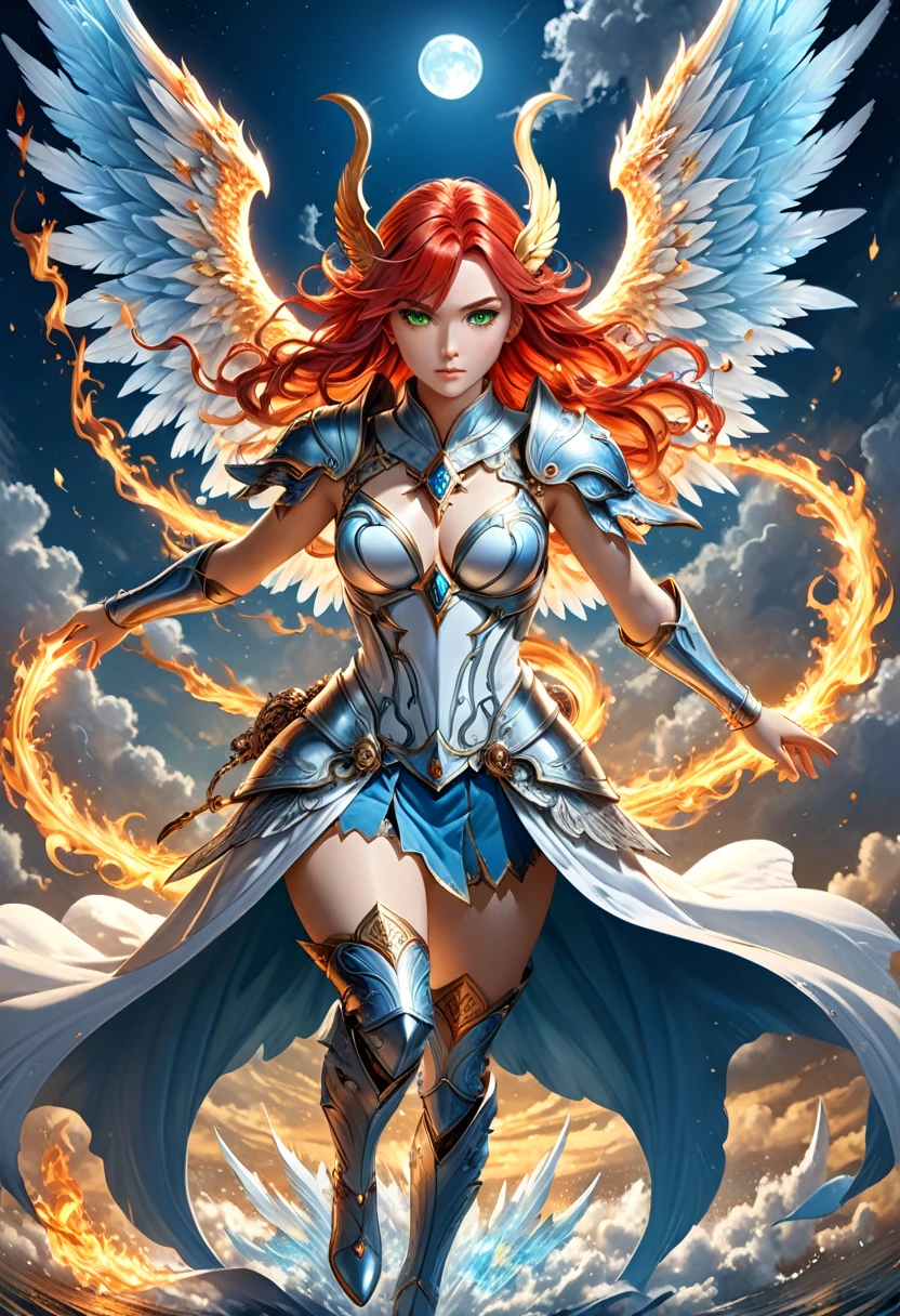 16k, ultra detailed, masterpiece, best quality, (extremely detailed), arafed, dnd art, panoramic view, full body, aasimar, female, (Masterpieceת intense details:1.3), female, sorceress, casting flaming spell(Masterpieceת intense details:1.3) large angelic wings, (azure: 1.3) angelic wings spread (Masterpieceת intense details:1.3), fantasy magical heaven background (Masterpieceת intense details:1.3), moon, stars, clouds, wearing white armor (Masterpieceת intense details:1.3), high heeled boots (Masterpieceת intense details:1.3), armed with staff, (red hair: 1.4), (green eyes: 1.4), intense eyes, ultra feminine, ultra detailed face, (Masterpieceת intense details:1.5), (anatomically correct: 1.5), determined face, divine light, cinematic lighting, soft light, silhouette, photorealism, panoramic view ((Masterpieceת intense details:1.3) , Wide-Angle, Ultra-Wide Angle, 16k, highres, best quality, faize, 3D rendering