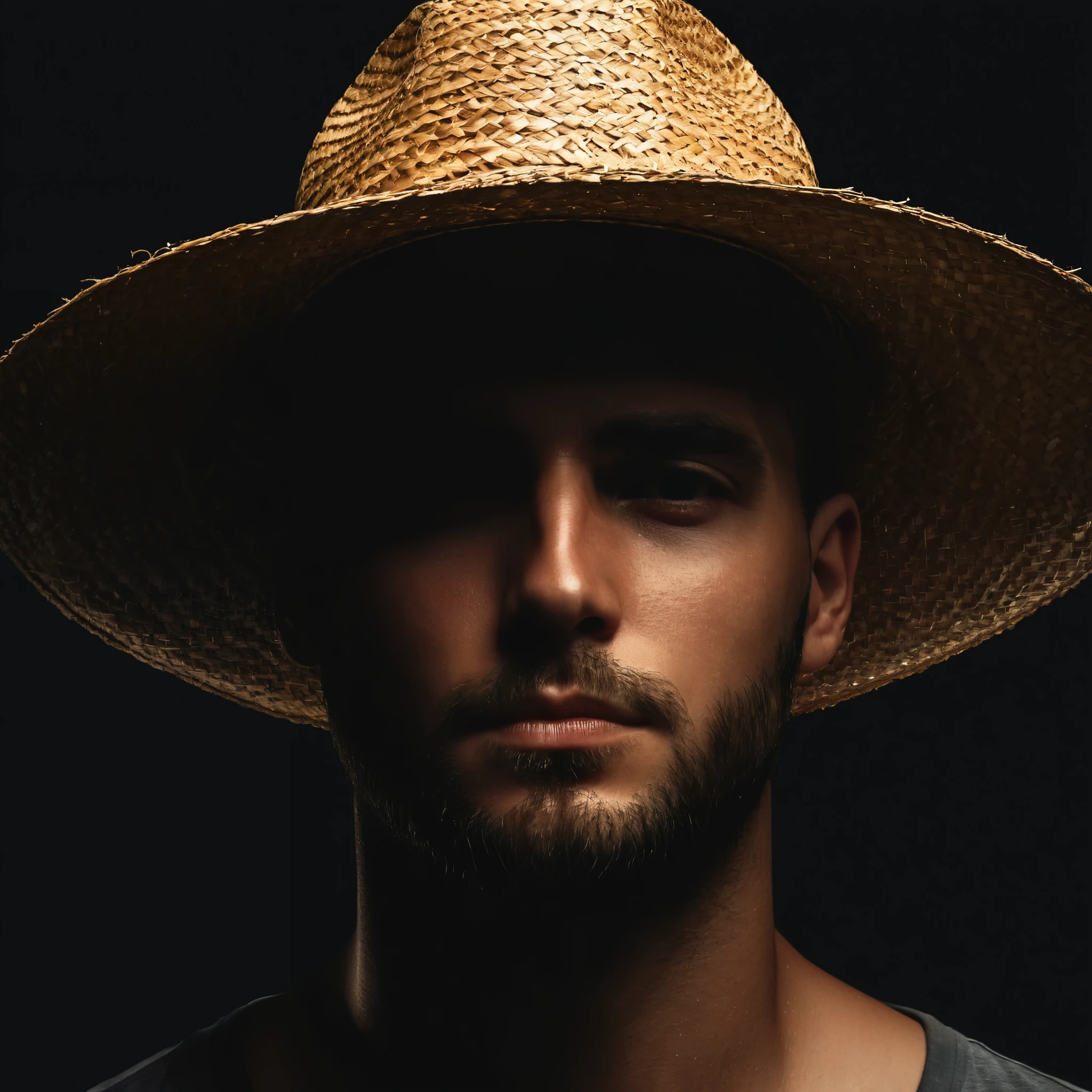 man with straw hat covering the upper part of his face, realistic photo for profile, leave it looking gloomy