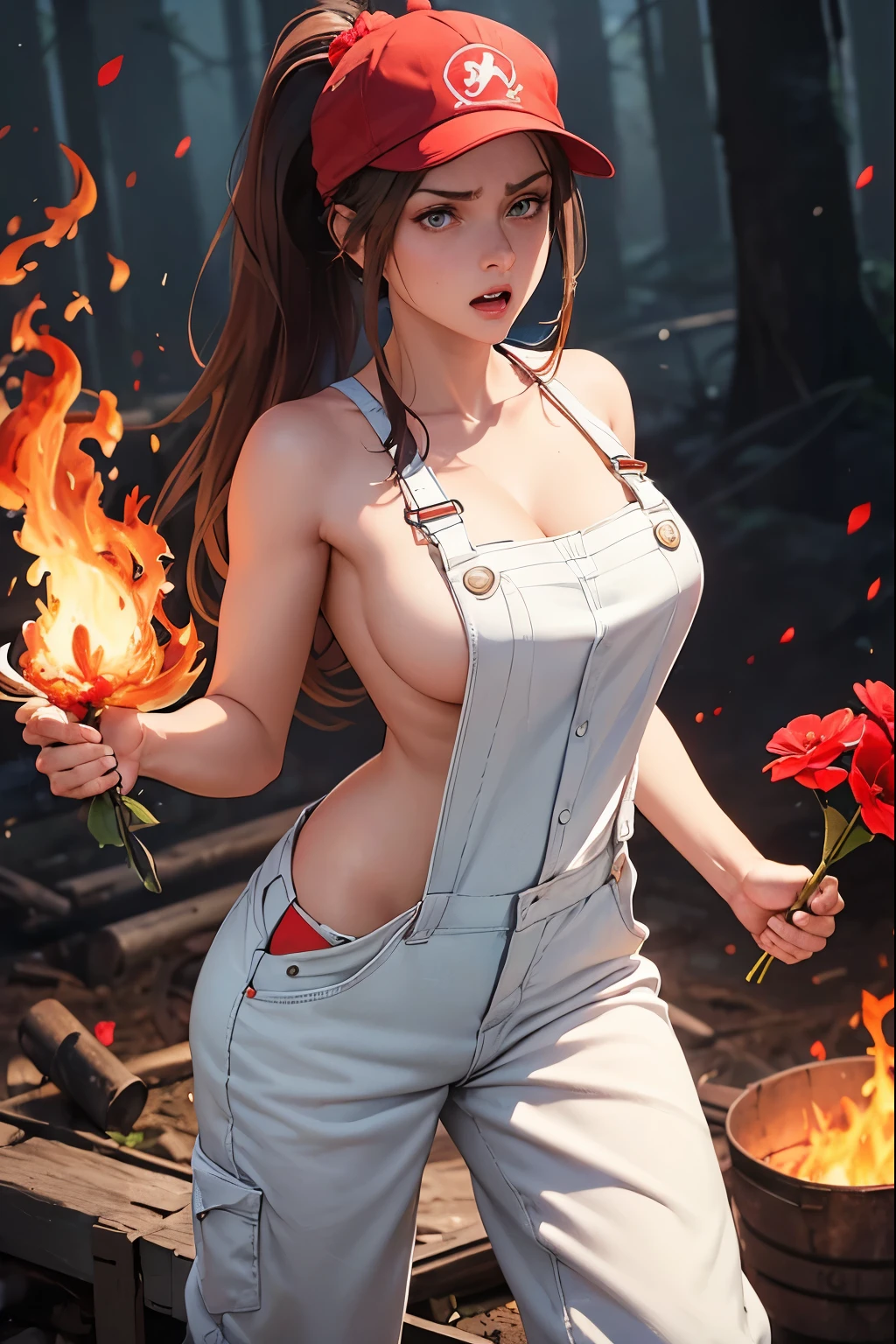 Woman, Brown Hair, long Hair, Blue Eyes, Ponytail, Large Breasts, White overalls, No Shirt, Nude Underneath, (Red Hat with Letter M), Work Boots, ((Holding Single LArge Red Flower in Left Hand)), ((Magic fire in right Hand)), (Angry Expression)