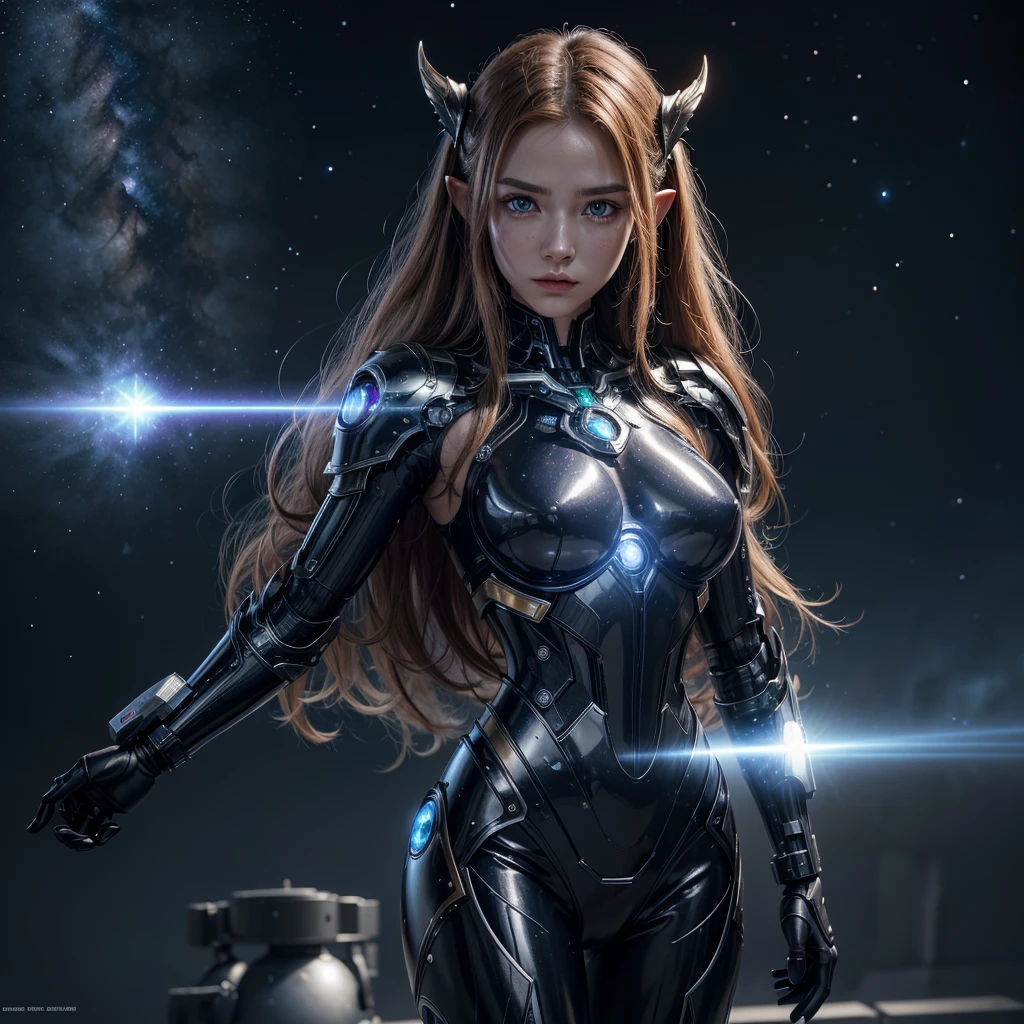 muka ,best qualityer,ultra detali,very detailed illustrations,extremely detaild,details Intricate,high resolution,super-complex details,extremely detaild 8k cg wallpaper, ROBO, Caustics,reflection,ray tracing,demonic theme,nebula,dark aura,cyber effect, (1 girl:1.4),alone,alone,mecha museum,mechanical parts, , harness, mechanical halo,Hello Star,intricate mechanical bodysuit,half human half robot, russet hair, pretty long hair,Similar to word of warcraft elf, hair between the eyes, , colored inner hair, strong eyes,glowing eye,eye trail, random expressions,random action, futuristic architecture ,Starry sky,horizont,  