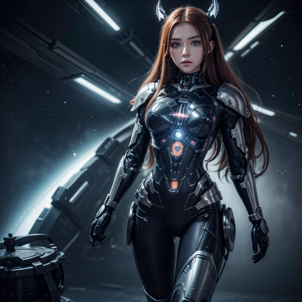 muka ,best qualityer,ultra detali,very detailed illustrations,extremely detaild,details Intricate,high resolution,super-complex details,extremely detaild 8k cg wallpaper, ROBO, Caustics,reflection,ray tracing,demonic theme,nebula,dark aura,cyber effect, (1 girl:1.4),alone,alone,mecha museum,mechanical parts, , harness, mechanical halo,Hello Star,intricate mechanical bodysuit,half human half robot, russet hair, pretty long hair,Similar to word of warcraft elf, hair between the eyes, , colored inner hair, strong eyes,glowing eye,eye trail, random expressions,random action, futuristic architecture ,Starry sky,horizont,  