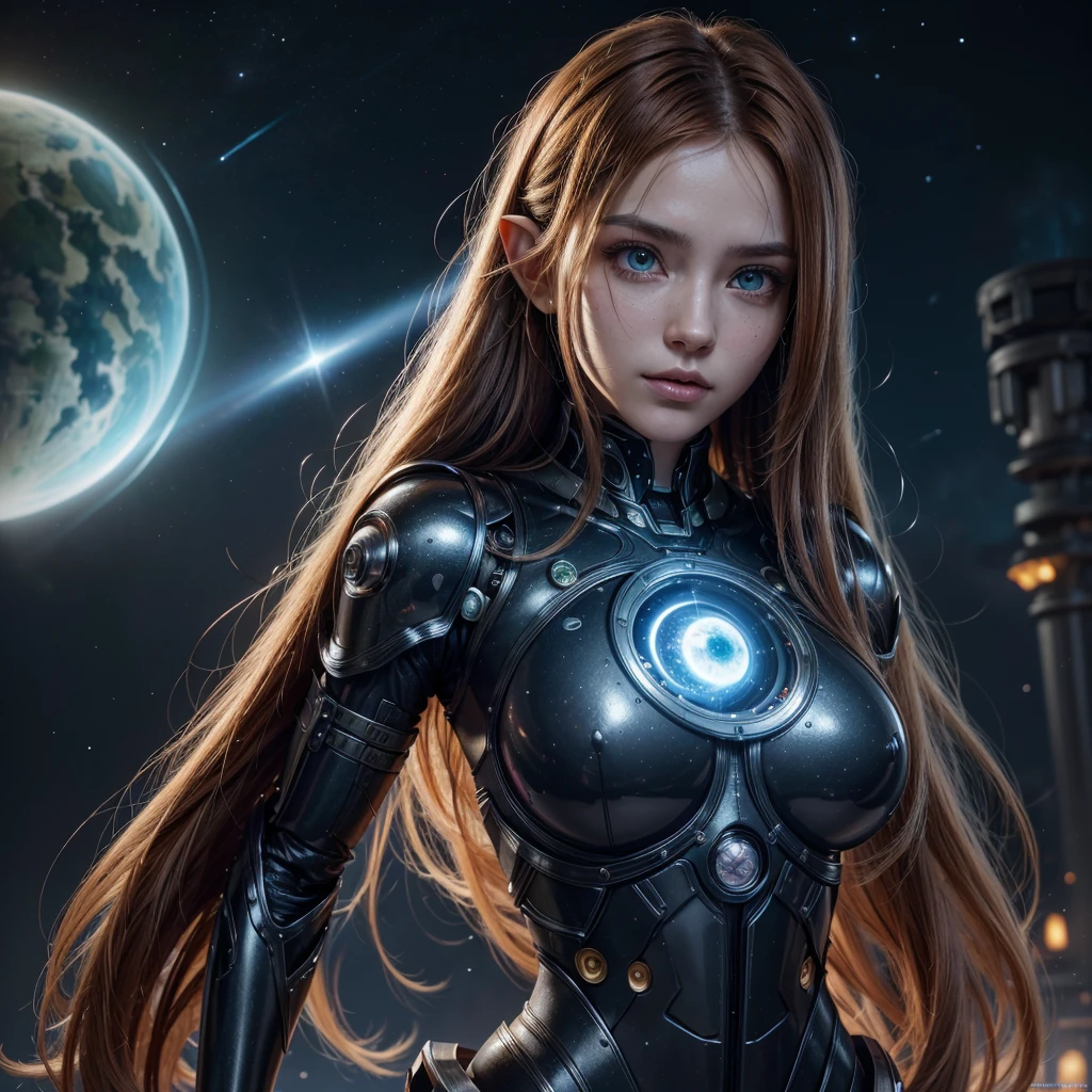 muka ,best qualityer,ultra detali,very detailed illustrations,extremely detaild,details Intricate,high resolution,super-complex details,extremely detaild 8k cg wallpaper, ROBO, Caustics,reflection,ray tracing,demonic theme,nebula,dark aura,cyber effect, (1 girl:1.4),alone,alone,mecha museum,mechanical parts, , harness, mechanical halo,Hello Star,intricate mechanical bodysuit,half human half robot, russet hair, pretty long hair,Similar to word of warcraft elf, hair between the eyes, , colored inner hair, strong eyes,glowing eye,eye trail, random expressions,random action, futuristic architecture ,Starry sky,horizont,  