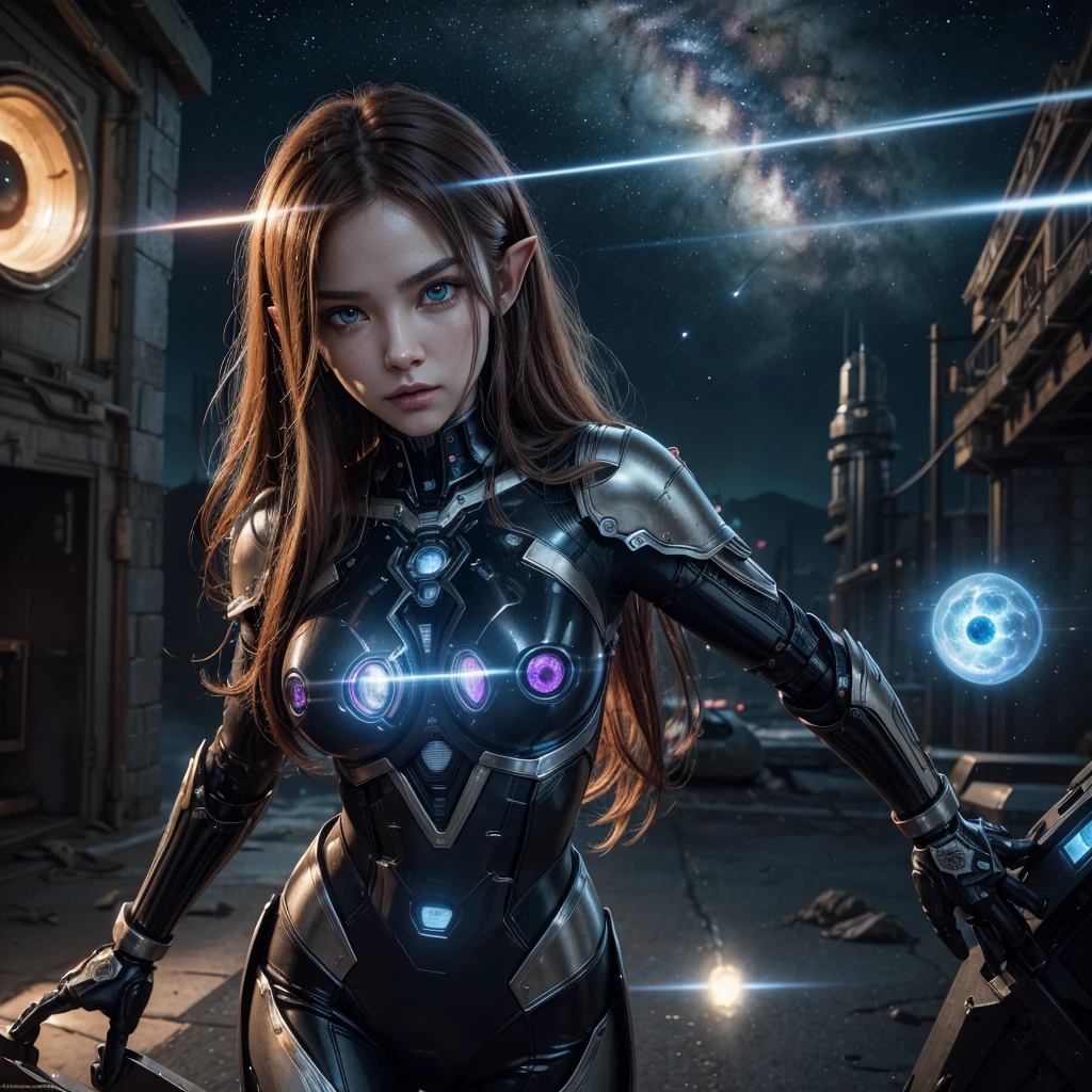 muka ,best qualityer,ultra detali,very detailed illustrations,extremely detaild,details Intricate,high resolution,super-complex details,extremely detaild 8k cg wallpaper, ROBO, Caustics,reflection,ray tracing,demonic theme,nebula,dark aura,cyber effect, (1 girl:1.4),alone,alone,mecha museum,mechanical parts, , harness, mechanical halo,Hello Star,intricate mechanical bodysuit,half human half robot, russet hair, pretty long hair,Similar to word of warcraft elf, hair between the eyes, , colored inner hair, strong eyes,glowing eye,eye trail, random expressions,random action, futuristic architecture ,Starry sky,horizont,