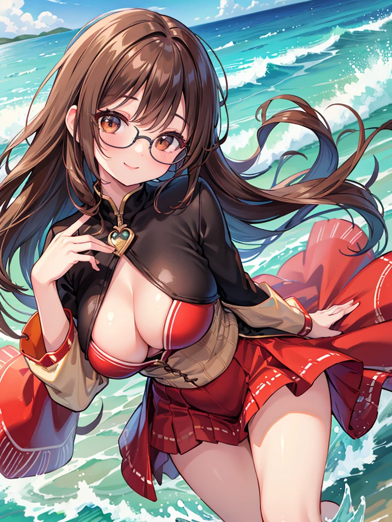1 Female、Brown hair、Brown Eyes、Best Quality、Super detailed、8 Resolution、Raw photo、Mastepiece、Perfect Body、high resolution、Highest quality、Detailed drawing、Vibrant colors、lure、Long Hair、Black-rimmed glasses、Captivating breasts、Big Breasts、Ocean、smile、