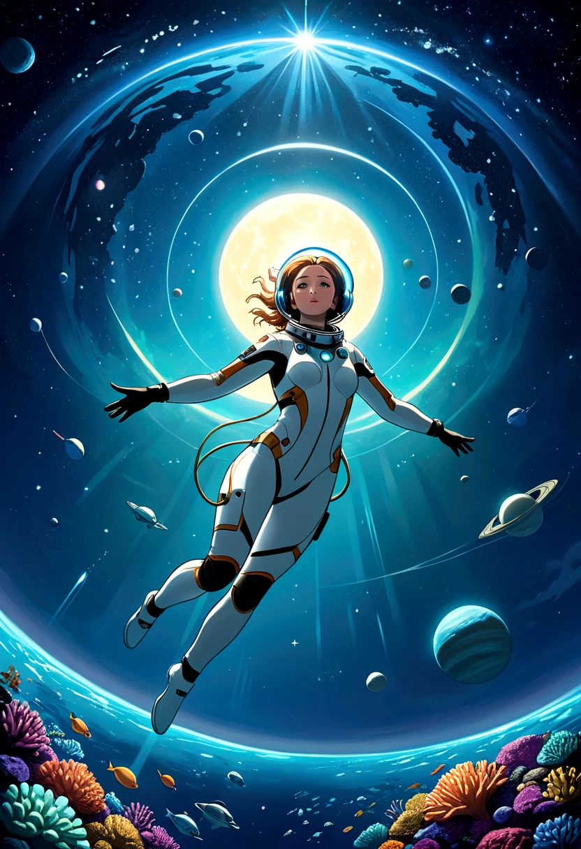 An extraordinary anime-inspired illustration, titled "URANUS 2324," masterfully blends space exploration and underwater exploration. The futuristic title, written in a bold font, evokes a sense of wonder and discovery. The astronaut, Sarocha Chankimha, is shown floating in a dark starry sky, surrounded by the distant blue planet Uranus and its rings. Meanwhile, a freediver, Rebeca Armstrong, gracefully swims through a mysterious underwater world, wearing only a full white neoprene suit and goggles. An aurora borealis creates a connection between these two distant worlds. Both the astronaut and the freediver extend their hands, reaching out to bridge the gap between their disparate realms. The stunning combination of space and ocean elements creates a visually captivating image that elicits feelings of longing and the, cinematic, photo, illustration, poster, typography
