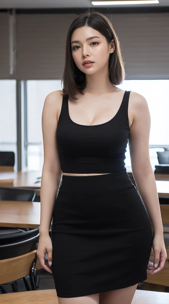 (Tabletop,high quality:1.3),(Written boundary depth:1.3) ,((Front body:1.35)), Japanese ,woman, Natural Makeup ,Standard height,(woman用ビジネスブラックスーツ、Midi skirt in black:1.2),Huge breasts, Huge breasts, chic, Curvy,(View your audience:1.3),(whole body:1.2),Office window