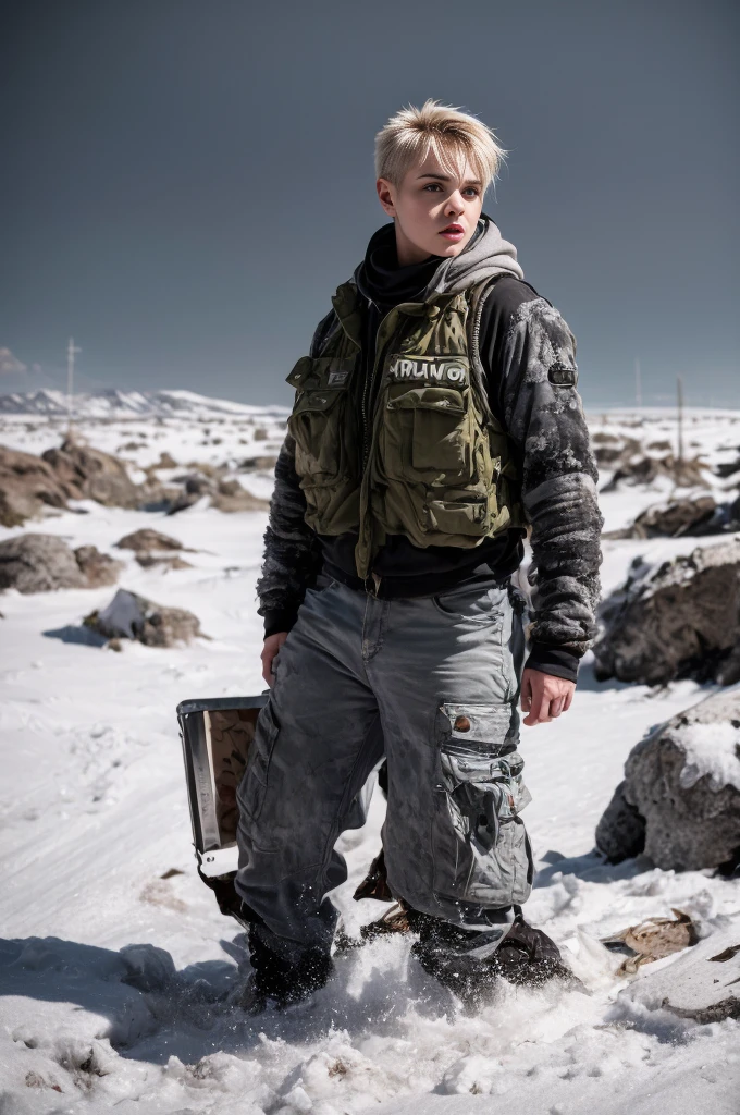 masterpiece, portrait of a beautiful 17 year old Norwegian girl in a post-apocalyptic frozen desert, Punk blonde with short hair, shaved on the sides, grey-blue eyes, very pale skin, highly detailed skin, Cool face, Tense face, Dramatic face, Hard Face, wearing dirty white military pants, wear a white and gray military scarf, wear a winter camouflage military vest in gray and white, wear punk style jewelry, Viking tattoos on skin, Cool Girl, The Killer Girl, Wild Girl, postapocalyptic style, RAW, dramatic lighting, threatening the Scandinavian skies, 8 k, Ultra high resolution.Photorealistic, uhd, First phase of XF IQ4, 150 MP, post-apocalyptic frozen snowy fjord landscape in the background, dirt, dust, rumbles, wreckage, action pose, (Mad Max movie atmosphere:1.2)