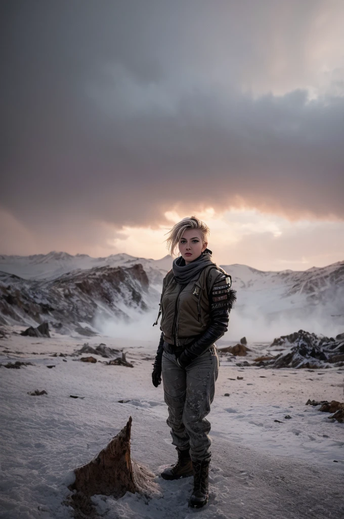 masterpiece, portrait of a beautiful  Norwegian girl in a post-apocalyptic frozen desert, Punk blonde with short hair, shaved on the sides, grey-blue eyes, very pale skin, highly detailed skin, Cool face, Tense face, Dramatic face, Hard Face, wearing dirty white military pants, wear a white and gray military scarf, wear a winter camouflage military vest in gray and white, wear punk style jewelry, Viking tattoos on skin, Cool Girl, The Killer Girl, Wild Girl, postapocalyptic style, RAW, dramatic lighting, threatening the Scandinavian skies, 8 k, Ultra high resolution.Photorealistic, uhd, First phase of XF IQ4, 150 MP, post-apocalyptic frozen snowy fjord landscape in the background, dirt, dust, rumbles, wreckage, action pose, (Mad Max movie atmosphere:1.2)