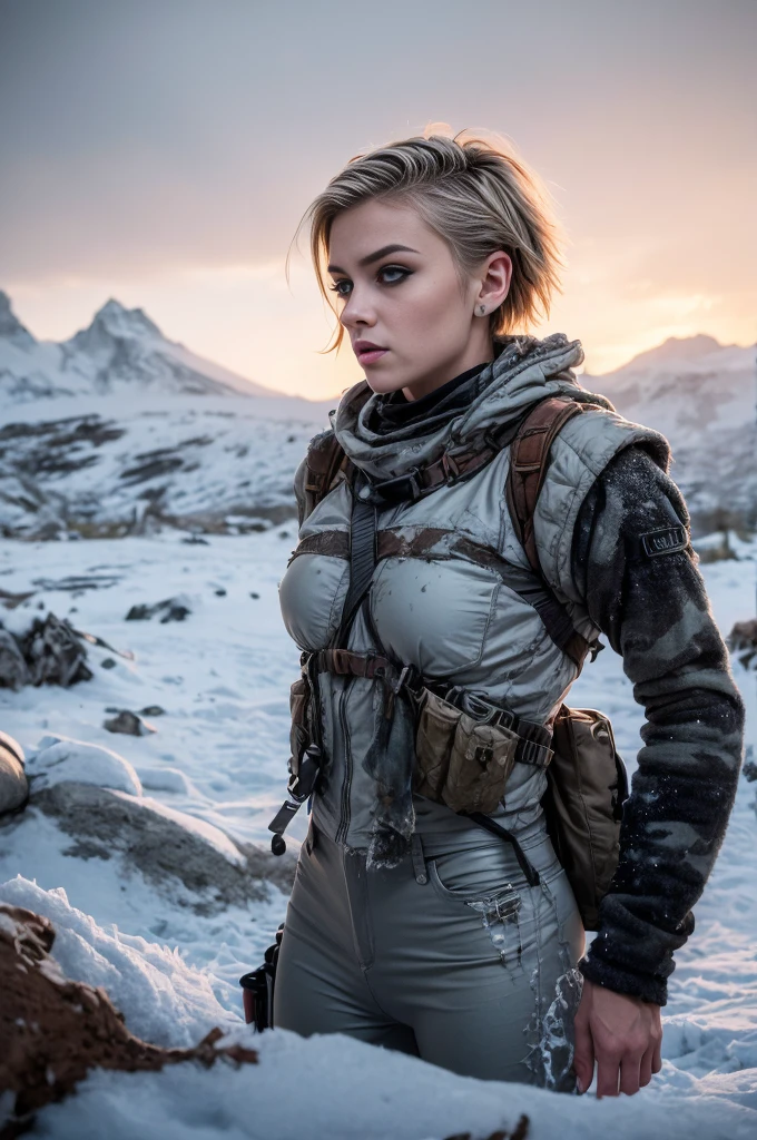 masterpiece, portrait of a beautiful  Norwegian girl in a post-apocalyptic frozen desert, Punk blonde with short hair, shaved on the sides, grey-blue eyes, very pale skin, highly detailed skin, Cool face, Tense face, Dramatic face, Hard Face, wearing dirty white military pants, wear a white and gray military scarf, wear a winter camouflage military vest in gray and white, wear punk style jewelry, Viking tattoos on skin, Cool Girl, The Killer Girl, Wild Girl, postapocalyptic style, RAW, dramatic lighting, threatening the Scandinavian skies, 8 k, Ultra high resolution.Photorealistic, uhd, First phase of XF IQ4, 150 MP, post-apocalyptic frozen snowy fjord landscape in the background, dirt, dust, rumbles, wreckage, action pose, (Mad Max movie atmosphere:1.2)