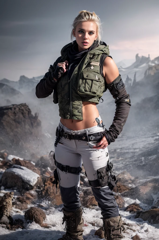 masterpiece, portrait of a beautiful  Norwegian girl in a post-apocalyptic frozen desert, Punk blonde with short hair, shaved on the sides, grey-blue eyes, very pale skin, highly detailed skin, Cool face, Tense face, Dramatic face, Hard Face, wearing dirty white military pants, wear a white and gray military scarf, wear a winter camouflage military vest in gray and white, wear punk style jewelry, Viking tattoos on skin, Cool Girl, The Killer Girl, Wild Girl, postapocalyptic style, RAW, dramatic lighting, threatening the Scandinavian skies, 8 k, Ultra high resolution.Photorealistic, uhd, First phase of XF IQ4, 150 MP, post-apocalyptic frozen snowy fjord landscape in the background, dirt, dust, rumbles, wreckage, action pose, (Mad Max movie atmosphere:1.2)