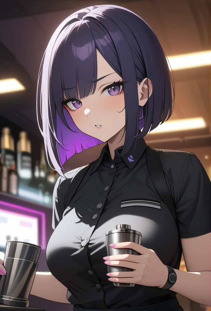 Adult Female, Black purple hair, slanted bob haircut, apathetic, perfect purple eyes cyberpunk bar, highly detailed, holding a bartender shaker