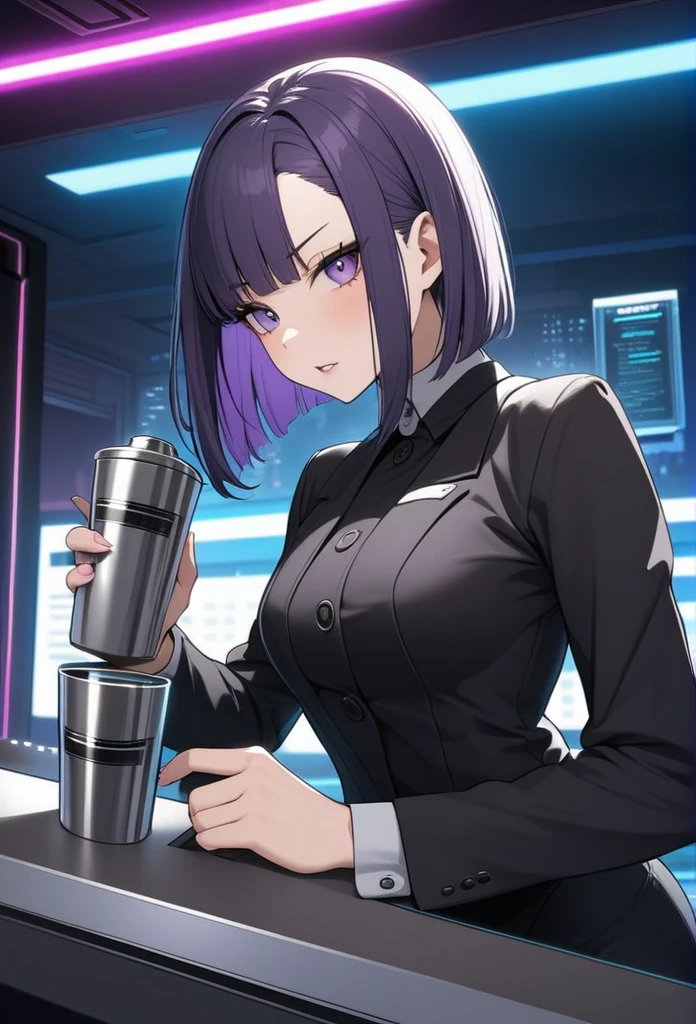 Adult Female, Black purple hair, slanted bob haircut, apathetic, perfect purple eyes cyberpunk bar, highly detailed, holding a bartender shaker