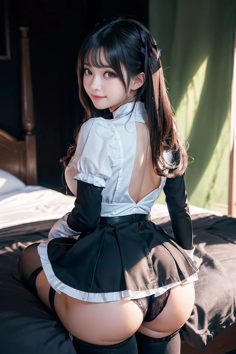 (Highest quality, Super detailed, High resolution, 8K images)(a close up of a woman in a Maid outfit posing on a bed, gorgeous Maid, Japanese Goddess, Maid, a sexy Maid in a magical forest, Maid outfit, anime girl in a Maid costume, Maid dress, 美しく魅力的なanimeの女性, wearing Maid uniform, elegant and charming cosplay, 魅惑的なanimeの女の子, Beautiful Asian Girl, Gorgeous Chinese Model,Cute Smile.(large and impressive eyes, Long eyelashes), ,The skirt flips up and the underwear is visible, ,((Show me your)), ((Stick your butt out)),(Squat with legs apart), Fine and beautiful eyes,Perfect Proportions,(Overflowing big),(A full-body shot from behind), Very beautiful and cute girl,22 years old,(anime),Kamimei, Pitch black background,(Solid black background),alone,
