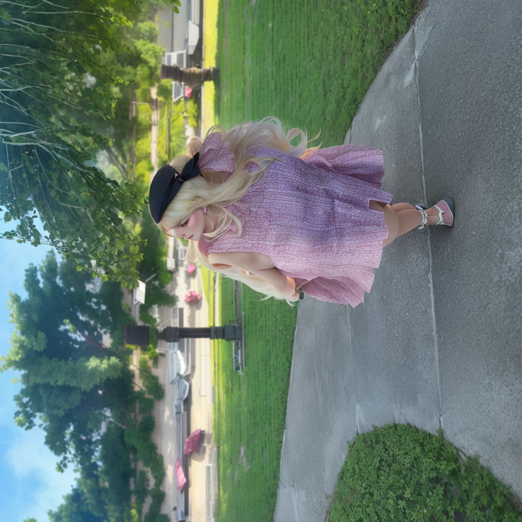 A blonde woman, parading down the sidewalk in a pink dress