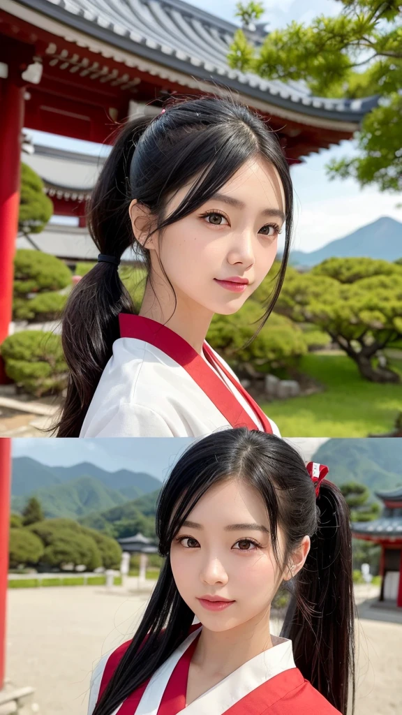 beautiful young woman. with black eyes、Features smooth black hair that reaches to the shoulders. hair is in a ponytail, Tie the top with a small red ribbon. He has a kind expression and a warm smile.. Make your eyes and expression cool. The eyes are dangling eyes. She is dressed in a traditional Japanese kimono featuring a red and white color scheme. small breasts. The background image is a Japanese landscape with a shrine.. new year.New Year. The background image is a Chinese landscape with a shrine.