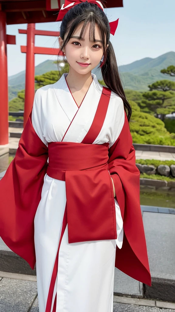 beautiful young woman. with black eyes、Features smooth black hair that reaches to the shoulders. hair is in a ponytail, Tie the top with a small red ribbon. He has a kind expression and a warm smile.. Make your eyes and expression cool. The eyes are dangling eyes. She is dressed in a traditional Japanese kimono featuring a red and white color scheme. small breasts. The background image is a Japanese landscape with a shrine.. new year.New Year. The background image is a Chinese landscape with a shrine.