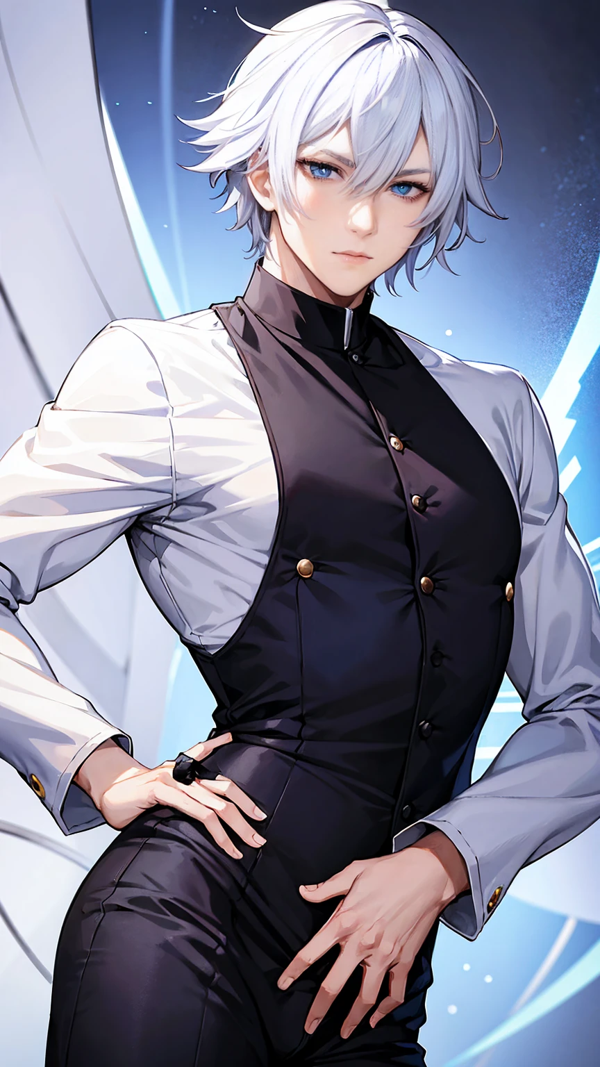 gojo cartoon anime,Handsome.,white hair,black dress,blue eyes,Stand cool.