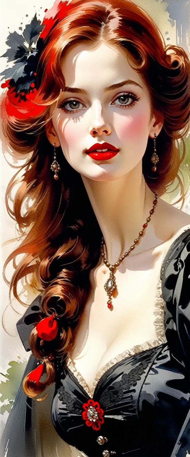 Victorian Hungarian women Women of the 19th century, Hazel hair, Red lips, Nice feature, Wadim Kashin, james gurney, ink, Splash Art", Amazing beauty , Royo, after sexing, Super detailed splash art modern European ink painting