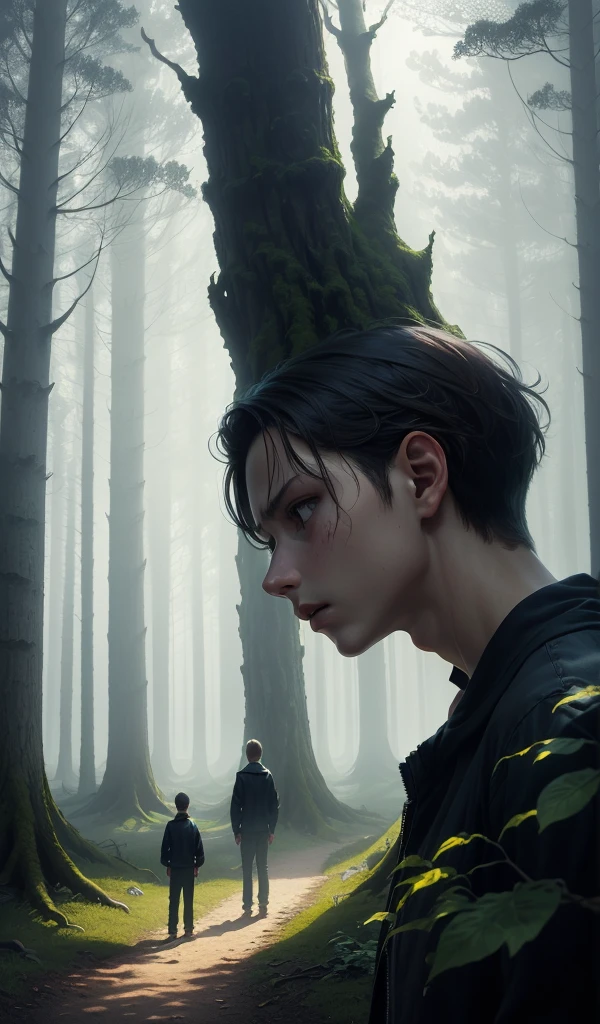 (anime, digital paint, deep forest, eerie atmosphere, 1 boy and 1 girl, children lost, worried expressions, towering trees casting long shadows, fog creeping along the ground, feeling of isolation and fear)
