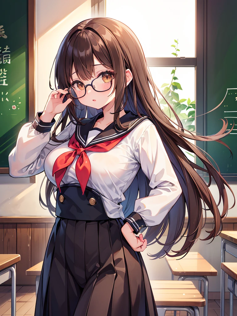 1 Female、Brown hair、Brown Eyes、Best Quality、Super detailed、8 Resolution、Raw photo、Mastepiece、Perfect Body、high resolution、Highest quality、Detailed drawing、Vibrant colors、lure、Long Hair、Black-rimmed glasses、Captivating breasts、Big Breasts、classroom、Sailor suit