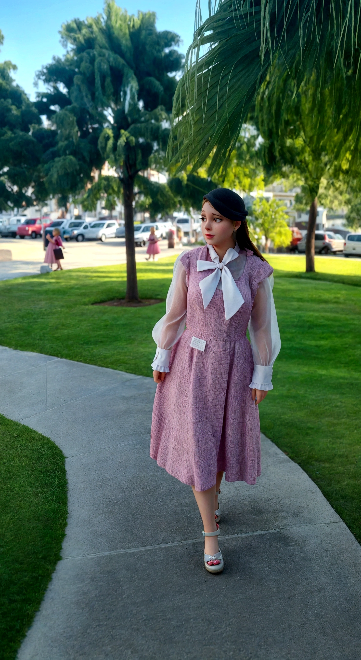 there is a blonde woman standing on the sidewalk in a pink dress, whole body wide shot, whole body in view, very low quality image, wearing 10s era clothes, Old dress, outfit photo, front side full, dressed like in the 1940s, It is cute, whole body picture, outdoor photo, whole body!