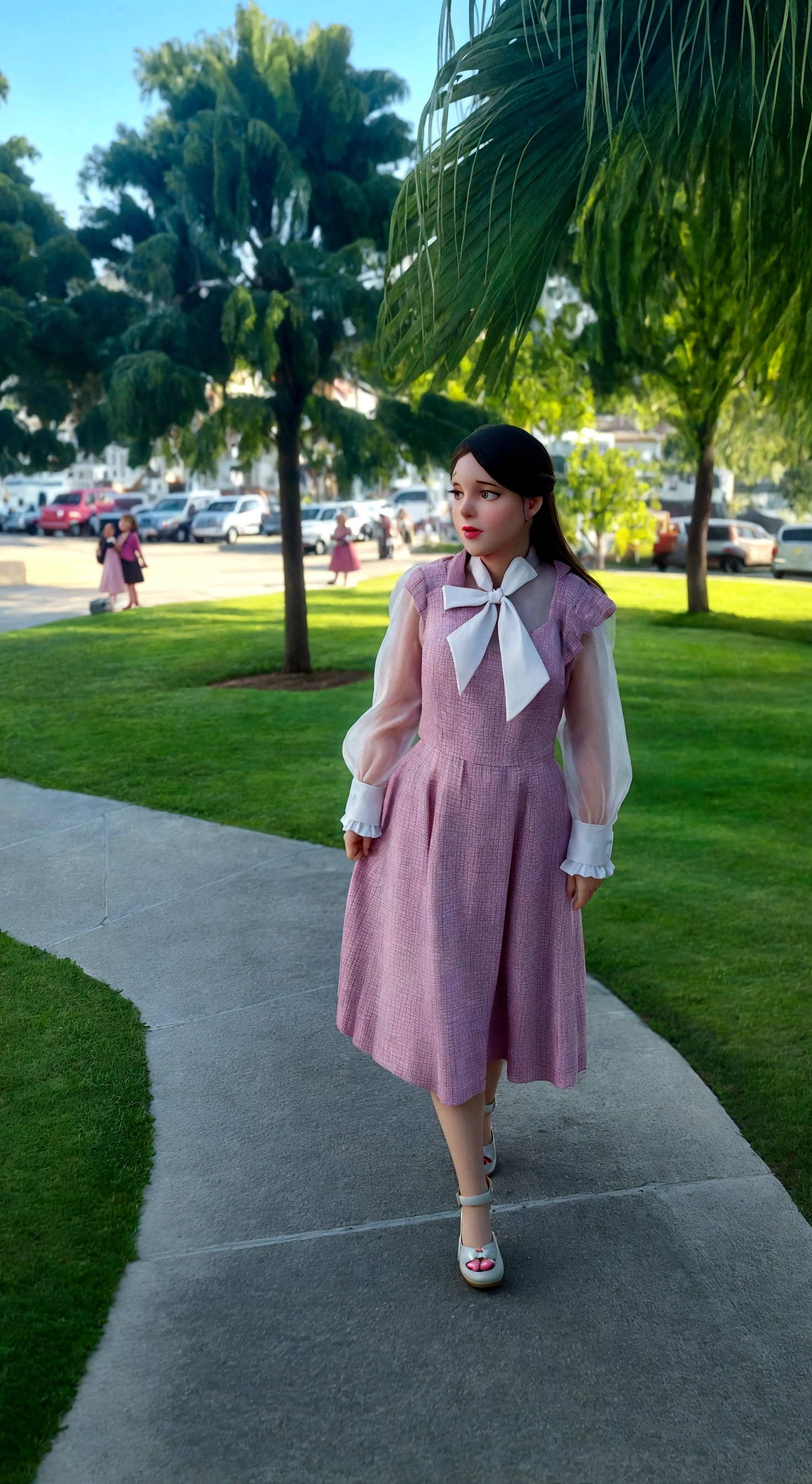 there is a blonde woman standing on the sidewalk in a pink dress, whole body wide shot, whole body in view, very low quality image, wearing 10s era clothes, Old dress, outfit photo, front side full, dressed like in the 1940s, It is cute, whole body picture, outdoor photo, whole body!