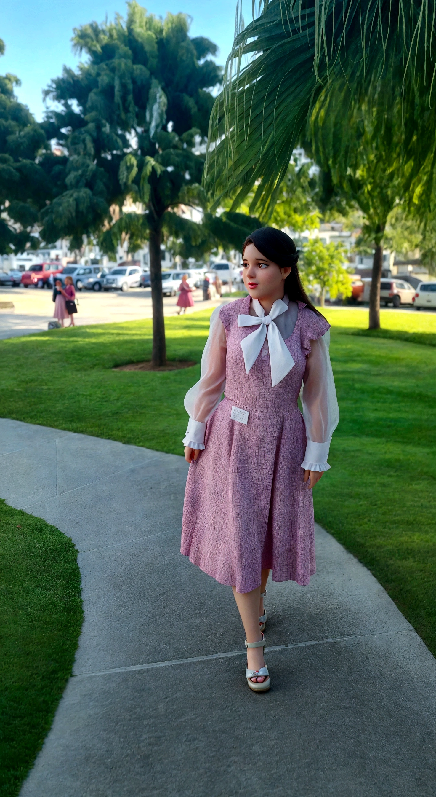 there is a blonde woman standing on the sidewalk in a pink dress, whole body wide shot, whole body in view, very low quality image, wearing 10s era clothes, Old dress, outfit photo, front side full, dressed like in the 1940s, It is cute, whole body picture, outdoor photo, whole body!