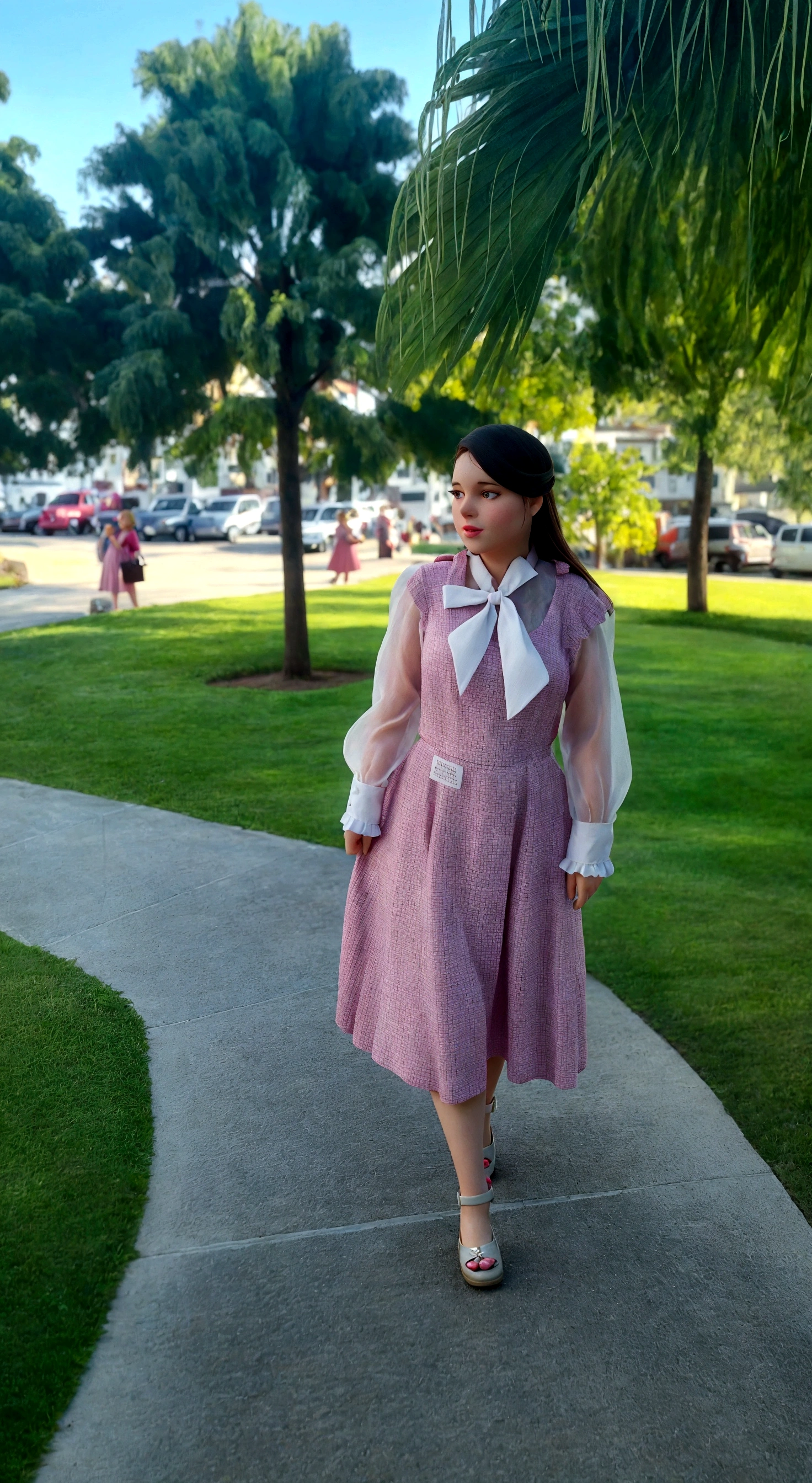there is a blonde woman standing on the sidewalk in a pink dress, whole body wide shot, whole body in view, very low quality image, wearing 10s era clothes, Old dress, outfit photo, front side full, dressed like in the 1940s, It is cute, whole body picture, outdoor photo, whole body!