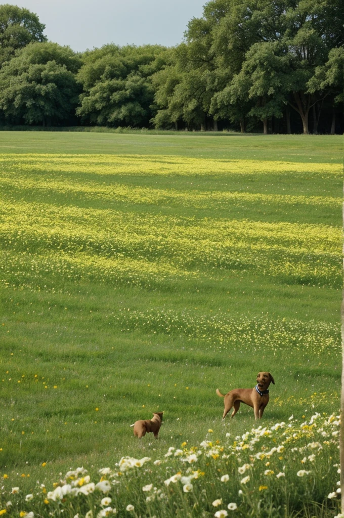 I want an image of a green plain full of flowers with dogs around