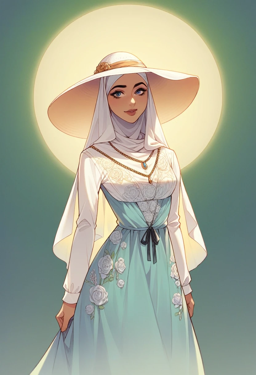 "Elegant woman wearing a wide-brimmed beige hat and matching hijab, posed with a subtle glance to the side, adorned in a blue and white floral dress. The setting is simple with a light-colored background, illuminated by bright, natural lighting. The image should capture the vibrant colors of the dress and the fine details of her attire and facial features, rendered in high-definition digital photography style with emphasis on high resolution and detailed textures."