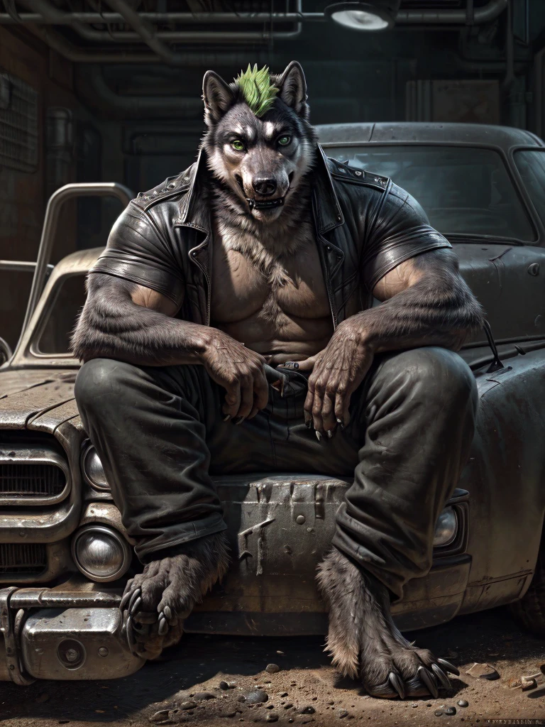 Junkyard setting, recked cars, wolf, canine, punk goth clothing, black trenchcoat, sitting on crushed car, muscular, barazoku, evil grin, torn clothing, green Mohawk, green eyes, snake bite piercings on lower lip, two eyebrow piercings on right eyebrow, septum piercing,
by taran fiddler, [by morticus], (Sharp focus, masterpiece, 8k, intricate artwork, hyper detailed, high detail),