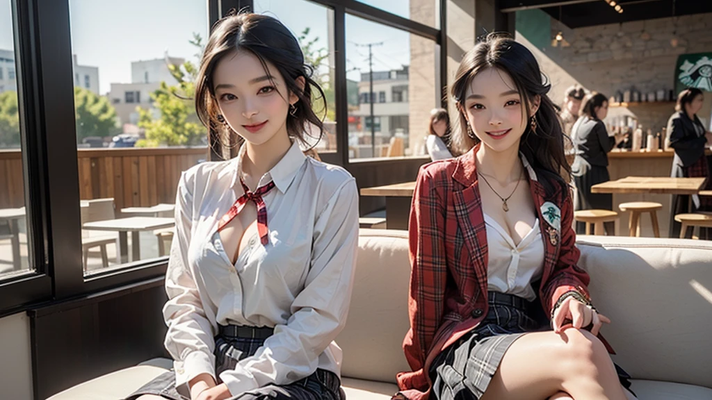 8K、RAW Photos、Highest quality、Super detailed、Super Resolution、Ultra HD、8K壁紙、Amazing details blazer uniform girl ((White blouse with formal collar, A nice red blazer, Black plaid skirt, Red checkered ribbon on blouse)), Complete limbs, Full Finger, 
((((Inside the Starbucks store))))、16 year old female student、(((Eat cake、Drink coffee、smile)))、Heart Necklace、Gold bracelet
((Emphasize cleavage))
((((Woman sitting at the window seat))))
