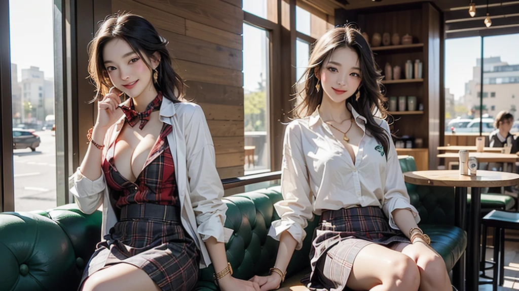 8K、RAW Photos、Highest quality、Super detailed、Super Resolution、Ultra HD、8K壁紙、Amazing details blazer uniform girl ((White blouse with formal collar, A nice red blazer, Black plaid skirt, Red checkered ribbon on blouse)), Complete limbs, Full Finger,
((((Inside the Starbucks store))))、 female student、(((Eat cake、Drink coffee、smile)))、Heart Necklace、Gold bracelet
((Emphasize cleavage))
n sitting at the window seat))))