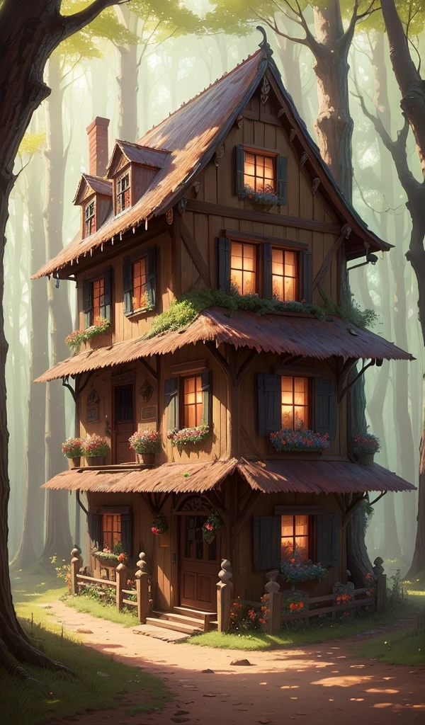 (anime, digital paint, candy house nestled in a forest clearing, vibrant and colorful, astonished faces of 1 boy and 1 girl, candy and sweets decorations, walls made of gingerbread and candy, fairy tale setting, viewed from a low angle with trees framing the scene, inviting and magical ambiance)