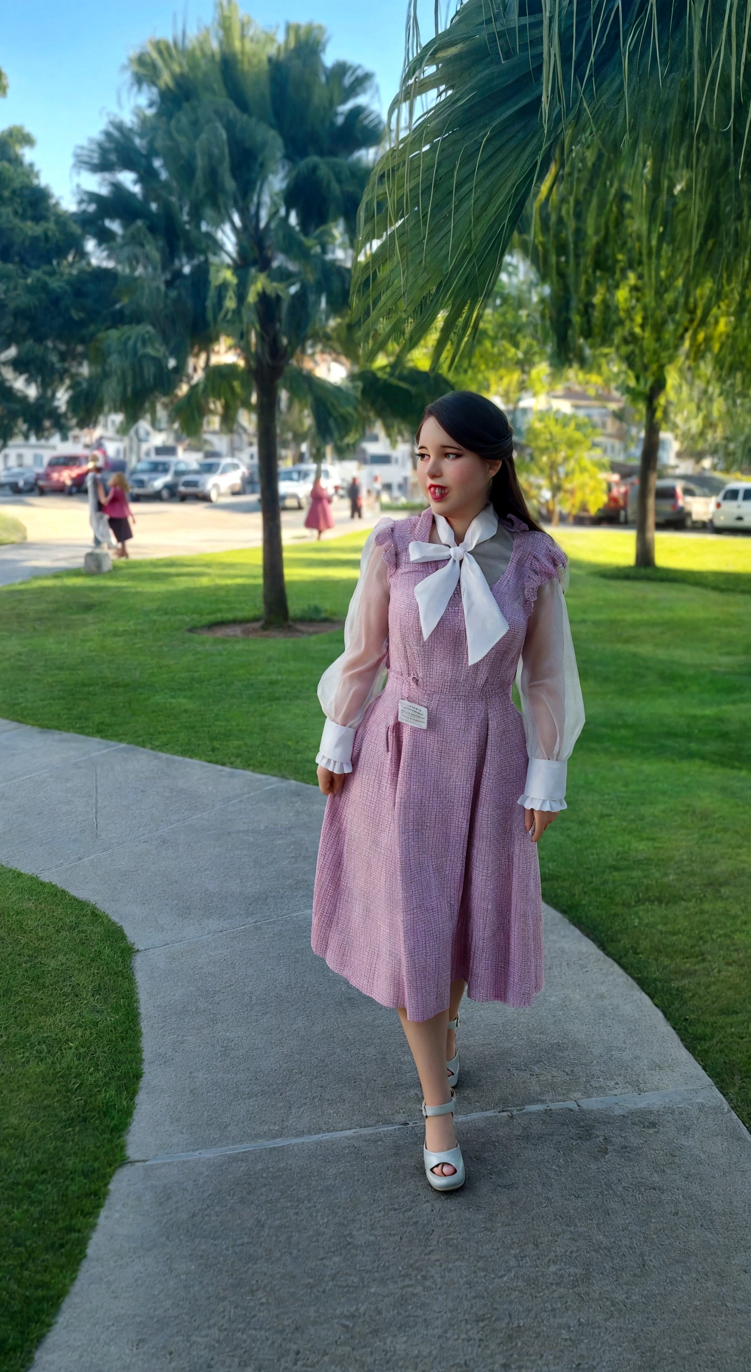 there is a blonde woman standing on the sidewalk in a pink dress, whole body wide shot, whole body in view, very low quality image, wearing 10s era clothes, Old dress, outfit photo, front side full, dressed like in the 1940s, It is cute, whole body picture, outdoor photo, whole body!
