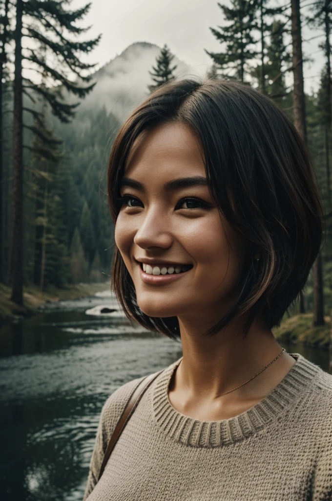 photorealistic, Best Quality, hyper detailed, beautiful woman, autophoto, Upper part of the body, Alone, wearing a sweater in which you can see his very large breasts , outdoor, (evening), mountainous landscape, The nature of real life., stars, officer, (Exceptional smile、A dark-haired、sixteen years、happy, happy), cap, flash lights, forest, rotated corners, River, wood, smoke, fog, crystal clear skies, analog style, looking at the viewer, skin texture, film grain, close up, 超High resolution, best shadow, RAW, LUT by Instagram