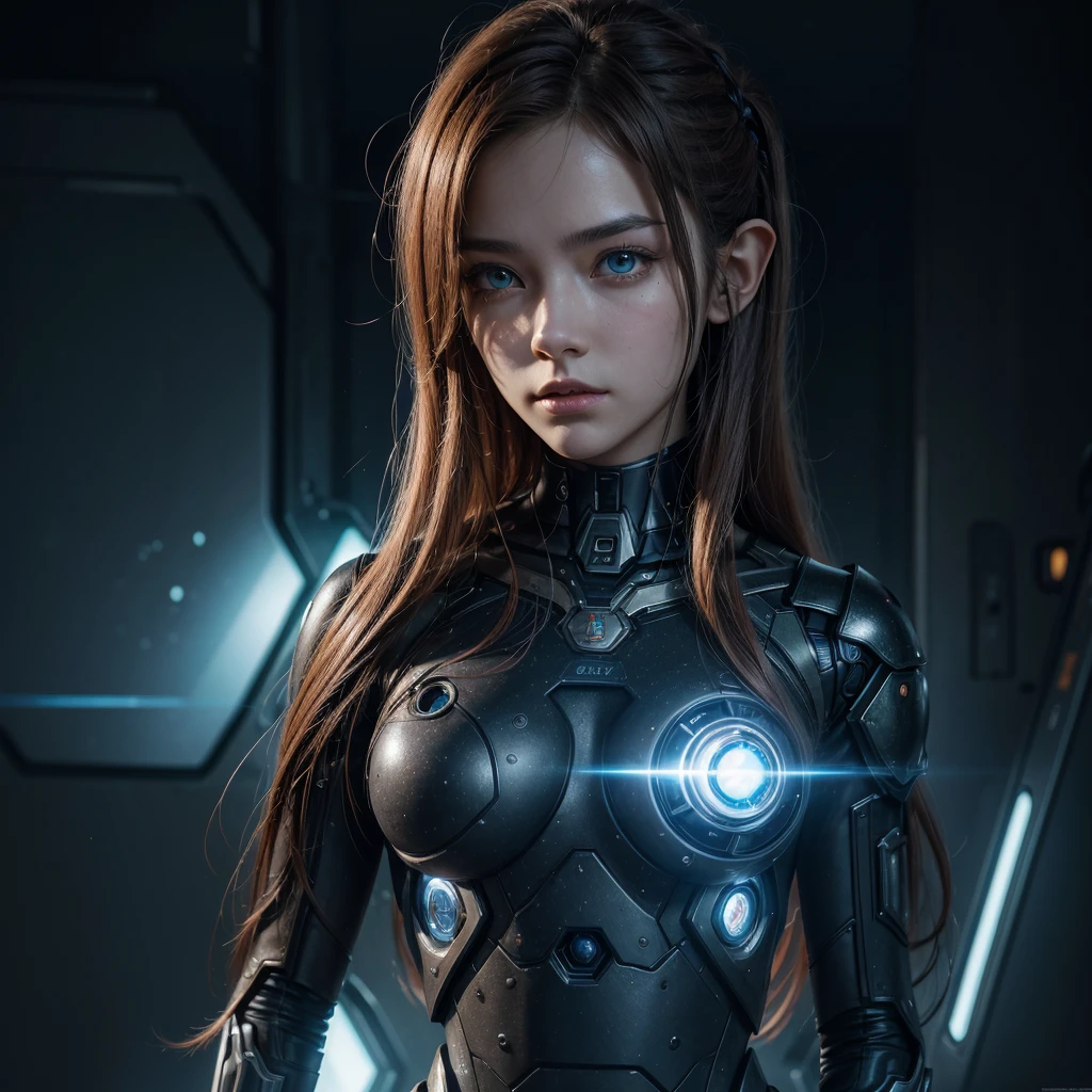 muka, just the face, cyberpunk half face, half of the robot face ,best qualityer,ultra detali,very detailed illustrations,extremely detaild,details Intricate,high resolution,super-complex details,extremely detaild 8k cg wallpaper, ROBO, Caustics,reflection,ray tracing,demonic theme,nebula,dark aura,cyber effect, (1 girl:1.4),alone,alone,mecha museum,mechanical parts, , harness, mechanical halo,Hello Star,intricate mechanical bodysuit,half human half robot, russet hair, pretty long hair,Similar to word of warcraft elf, hair between the eyes, , colored inner hair, strong eyes,glowing eye,eye trail, random expressions,random action, futuristic architecture ,Starry sky,horizont,