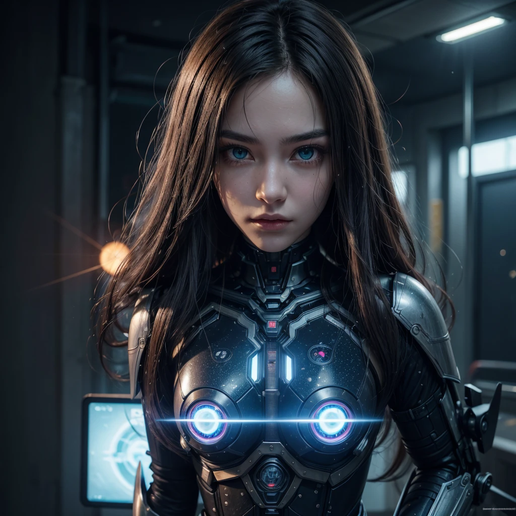 muka, just the face, cyberpunk half face, half of the robot face ,best qualityer,ultra detali,very detailed illustrations,extremely detaild,details Intricate,high resolution,super-complex details,extremely detaild 8k cg wallpaper, ROBO, Caustics,reflection,ray tracing,demonic theme,nebula,dark aura,cyber effect, (1 girl:1.4),alone,alone,mecha museum,mechanical parts, , harness, mechanical halo,Hello Star,intricate mechanical bodysuit,half human half robot, russet hair, pretty long hair,Similar to word of warcraft elf, hair between the eyes, , colored inner hair, strong eyes,glowing eye,eye trail, random expressions,random action, futuristic architecture ,Starry sky,horizont,
