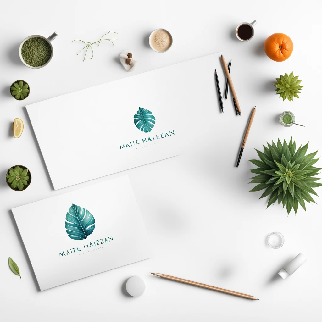 minimalist and modern logo for "Maite Haizean", a wellness lifestyle blog. The logo should feature Caribbean blue, light yellow, and soft orange colors. Incorporate natural elements such as a sun, waves, and tropical leaves. Use a handwriting font to convey an easy-going, inspirational, and slightly luxurious mood. The design should appeal to women aged 25-45 who are seeking stress relief, self-care, and a wellness lifestyle. The logo should reflect themes of nature, travel, and community.