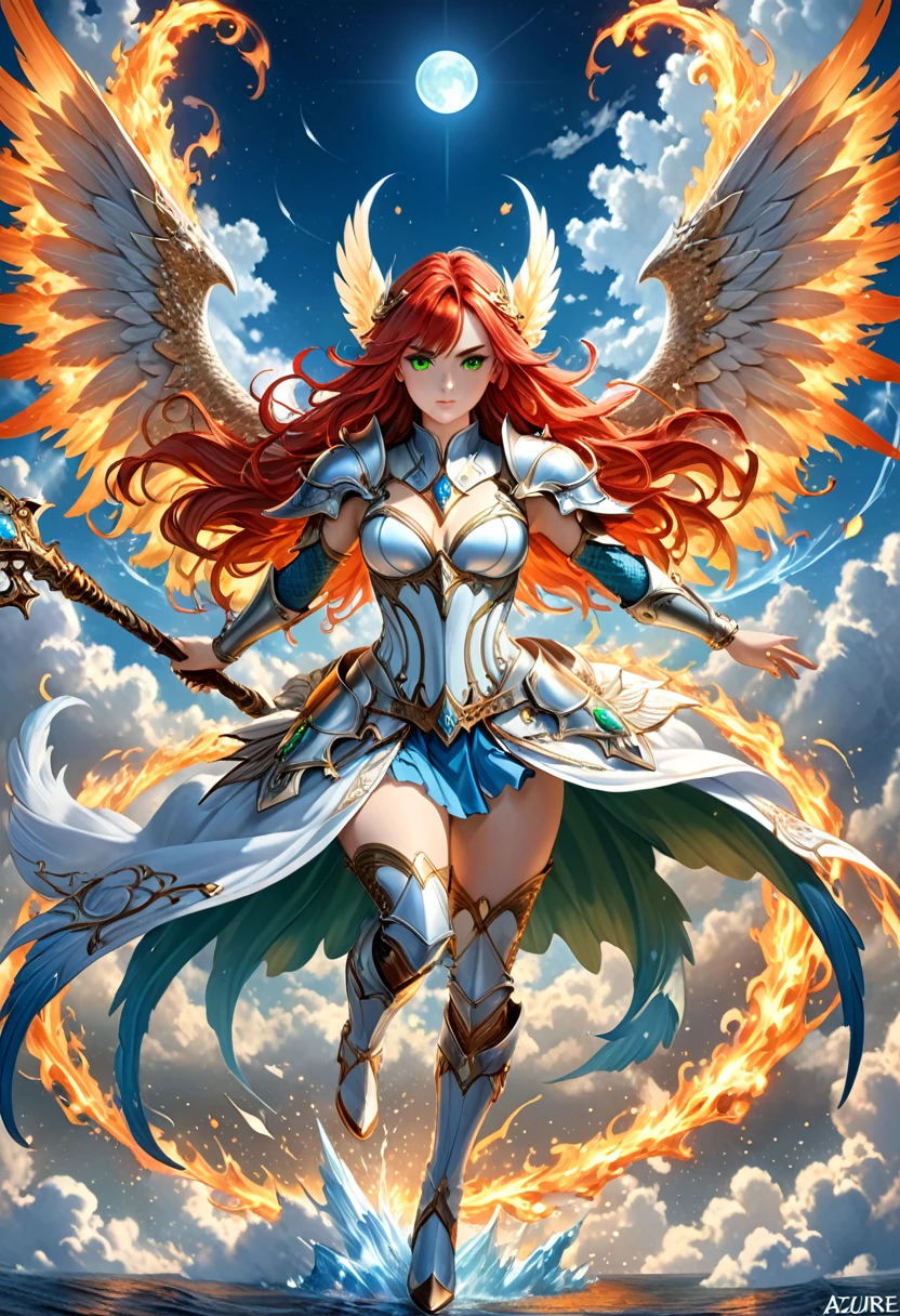 16k, ultra detailed, masterpiece, best quality, (extremely detailed), arafed, dnd art, panoramic view, full body, aasimar, female, (Masterpieceת intense details:1.3), female, sorceress, casting flaming spell(Masterpieceת intense details:1.3) large angelic wings, (azure: 1.3) angelic wings spread (Masterpieceת intense details:1.3), fantasy magical heaven background (Masterpieceת intense details:1.3), moon, stars, clouds, wearing white armor (Masterpieceת intense details:1.3), high heeled boots (Masterpieceת intense details:1.3), armed with staff, (red hair: 1.4), (green eyes: 1.4), intense eyes, ultra feminine, ultra detailed face, (Masterpieceת intense details:1.5), (anatomically correct: 1.5), determined face, divine light, cinematic lighting, soft light, silhouette, photorealism, panoramic view ((Masterpieceת intense details:1.3) , Wide-Angle, Ultra-Wide Angle, 16k, highres, best quality, faize, 3D rendering