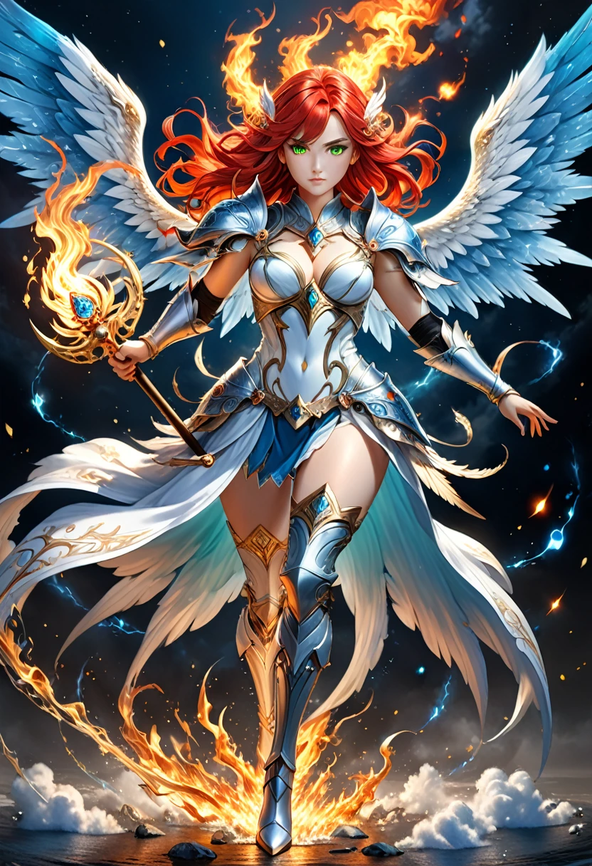 16k, ultra detailed, masterpiece, best quality, (extremely detailed), arafed, dnd art, panoramic view, full body, aasimar, female, (Masterpieceת intense details:1.3), female, sorceress, casting flaming spell(Masterpieceת intense details:1.3) large angelic wings, (azure: 1.3) angelic wings spread (Masterpieceת intense details:1.3), fantasy magical heaven background (Masterpieceת intense details:1.3), moon, stars, clouds, wearing white armor (Masterpieceת intense details:1.3), high heeled boots (Masterpieceת intense details:1.3), armed with staff, (red hair: 1.4), (green eyes: 1.4), intense eyes, ultra feminine, ultra detailed face, (Masterpieceת intense details:1.5), (anatomically correct: 1.5), determined face, divine light, cinematic lighting, soft light, silhouette, photorealism, panoramic view ((Masterpieceת intense details:1.3) , Wide-Angle, Ultra-Wide Angle, 16k, highres, best quality, faize, 3D rendering