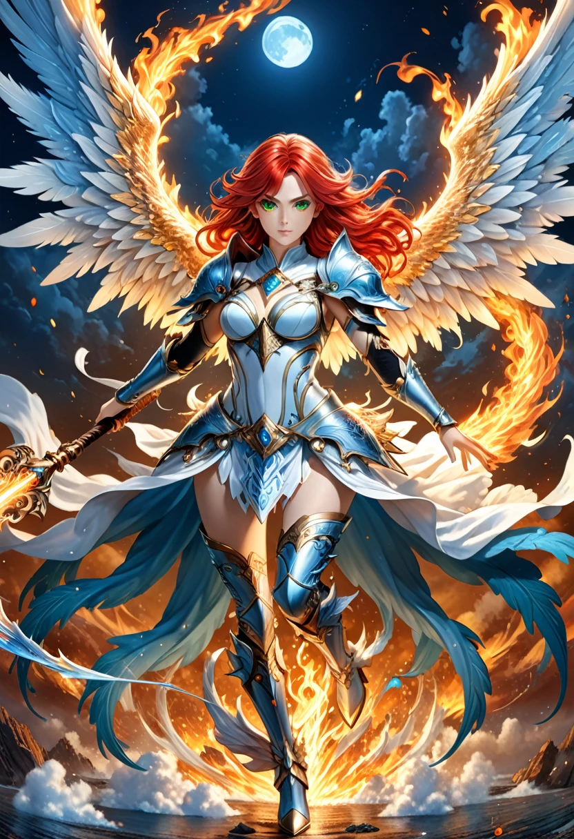 16k, ultra detailed, masterpiece, best quality, (extremely detailed), arafed, dnd art, panoramic view, full body, aasimar, female, (Masterpieceת intense details:1.3), female, sorceress, casting flaming spell(Masterpieceת intense details:1.3) large angelic wings, (azure: 1.3) angelic wings spread (Masterpieceת intense details:1.3), fantasy magical heaven background (Masterpieceת intense details:1.3), moon, stars, clouds, wearing white armor (Masterpieceת intense details:1.3), high heeled boots (Masterpieceת intense details:1.3), armed with staff, (red hair: 1.4), (green eyes: 1.4), intense eyes, ultra feminine, ultra detailed face, (Masterpieceת intense details:1.5), (anatomically correct: 1.5), determined face, divine light, cinematic lighting, soft light, silhouette, photorealism, panoramic view ((Masterpieceת intense details:1.3) , Wide-Angle, Ultra-Wide Angle, 16k, highres, best quality, faize, 3D rendering