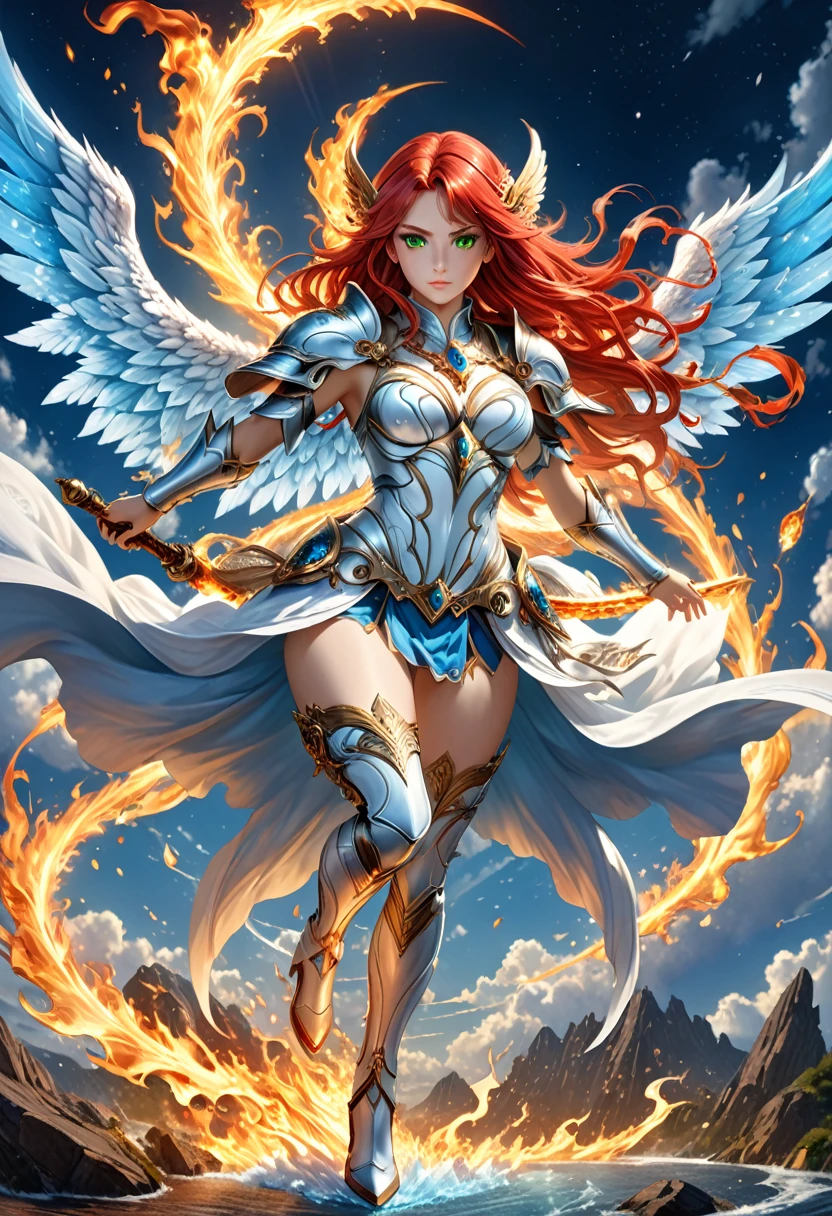 16k, ultra detailed, masterpiece, best quality, (extremely detailed), arafed, dnd art, panoramic view, full body, aasimar, female, (Masterpieceת intense details:1.3), female, sorceress, casting flaming spell(Masterpieceת intense details:1.3) large angelic wings, (azure: 1.3) angelic wings spread (Masterpieceת intense details:1.3), fantasy magical heaven background (Masterpieceת intense details:1.3), moon, stars, clouds, wearing white armor (Masterpieceת intense details:1.3), high heeled boots (Masterpieceת intense details:1.3), armed with staff, (red hair: 1.4), (green eyes: 1.4), intense eyes, ultra feminine, ultra detailed face, (Masterpieceת intense details:1.5), (anatomically correct: 1.5), determined face, divine light, cinematic lighting, soft light, silhouette, photorealism, panoramic view ((Masterpieceת intense details:1.3) , Wide-Angle, Ultra-Wide Angle, 16k, highres, best quality, faize, 3D rendering