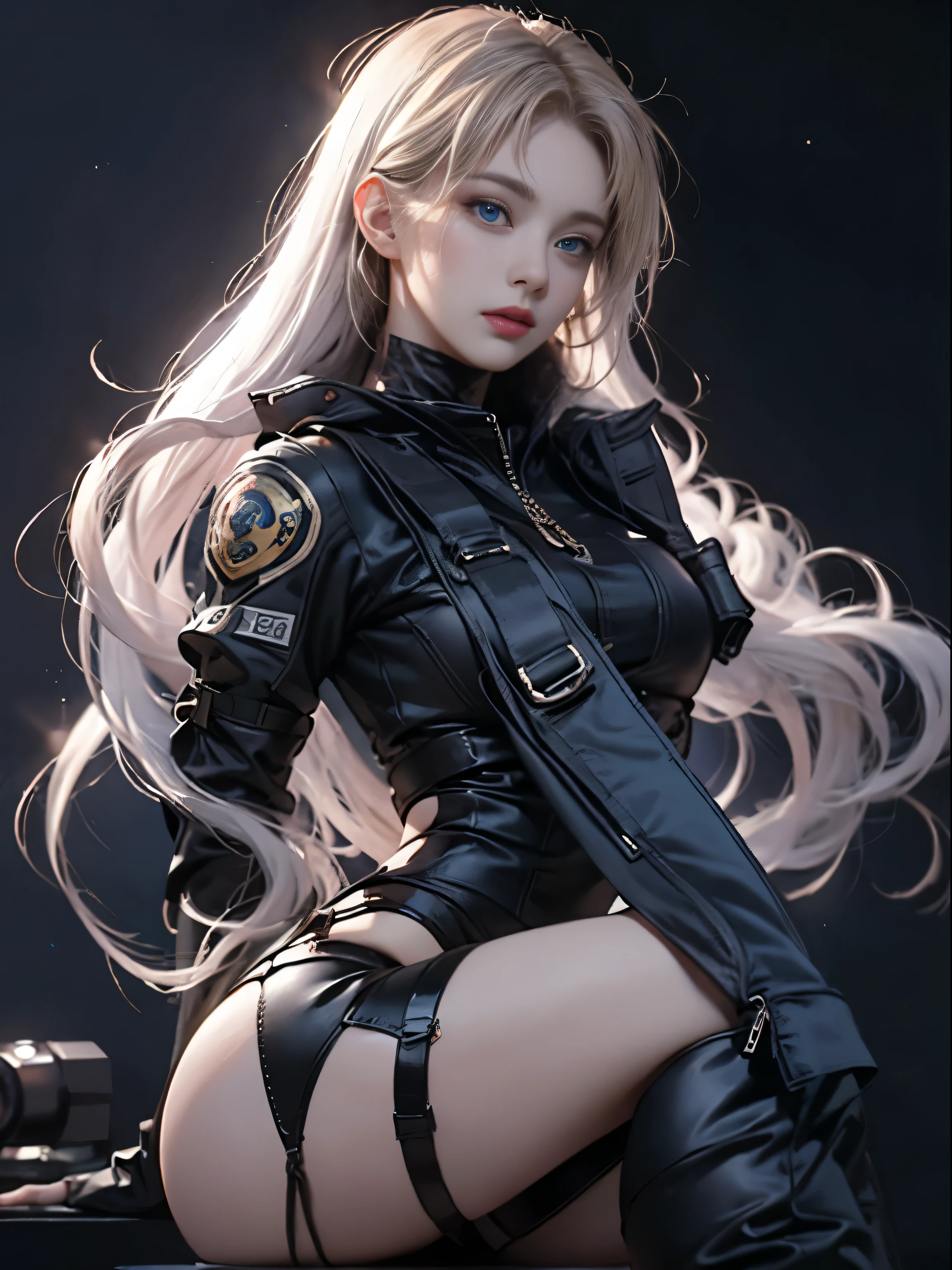 masterpiece, Highest quality, Very detailed, To the camera, Very detailed, Realistic, Sharp features, Very detailed, Sharp focus, Perfect Face, Perfect Face, Perfect symmetry and perfect eyes, Perfect Plump Lips, Flexible female form, cinematic, Film Light, Very detailed, hyper Realistic, masterpiece, Atmospheric, High resolution, Vibrant, Dynamic Studio Lighting, ((Dark Background)), The expression when enduring pleasure, Straight bangs, blue eyes,、Back view、Butt、Sexually aroused expressions、Fallout Vault Suit