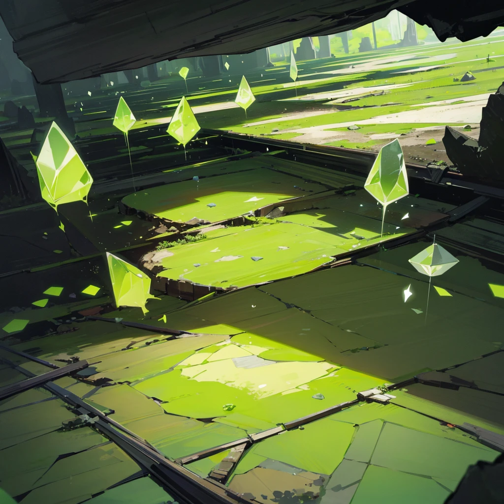 Radiactive ambient, Green Crystals, Cave, Cracked Floor