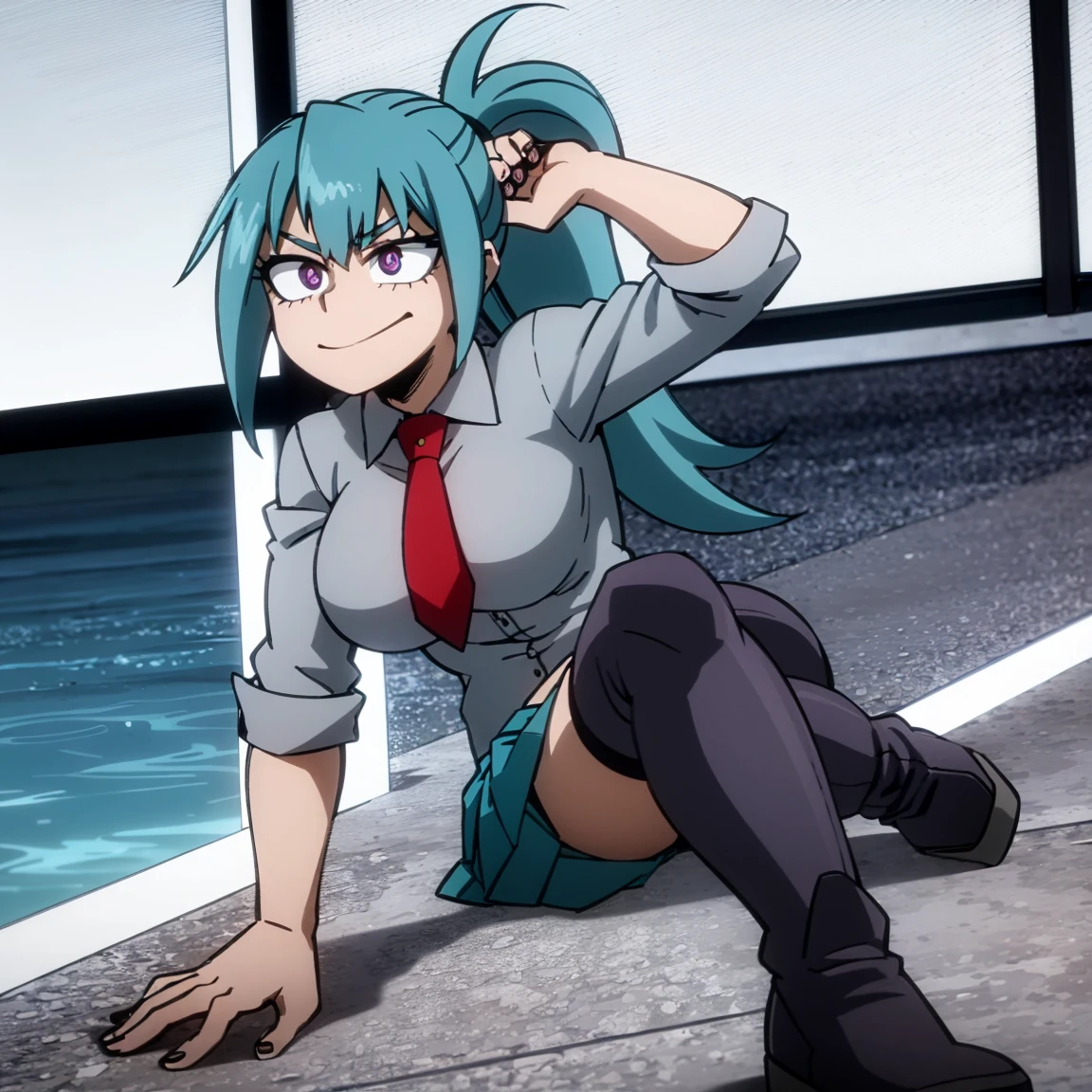 1girl, female focus, solo, big breasts, long hair, ponytail hair, aquamarine hair, sky blue hair highlights, violet eyes, smirk, gray jacket, red tie, white shirt, teal skirt, gray tights, boots