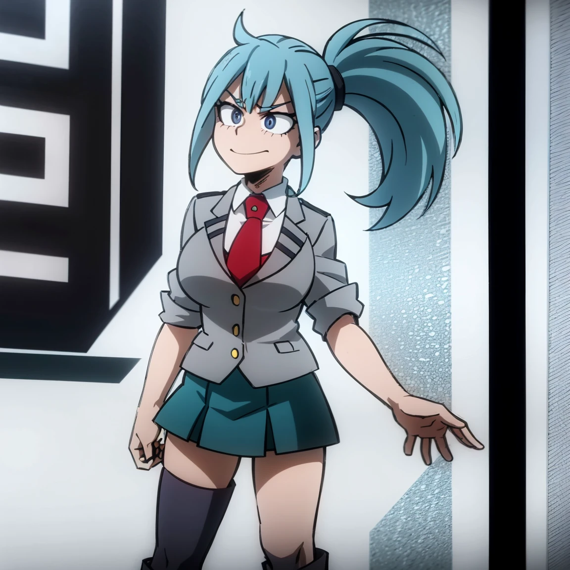 1girl, female focus, solo, big breasts, long hair, ponytail hair, aquamarine hair, sky blue hair highlights, violet eyes, smirk, gray jacket, red tie, white shirt, teal skirt, gray tights, boots