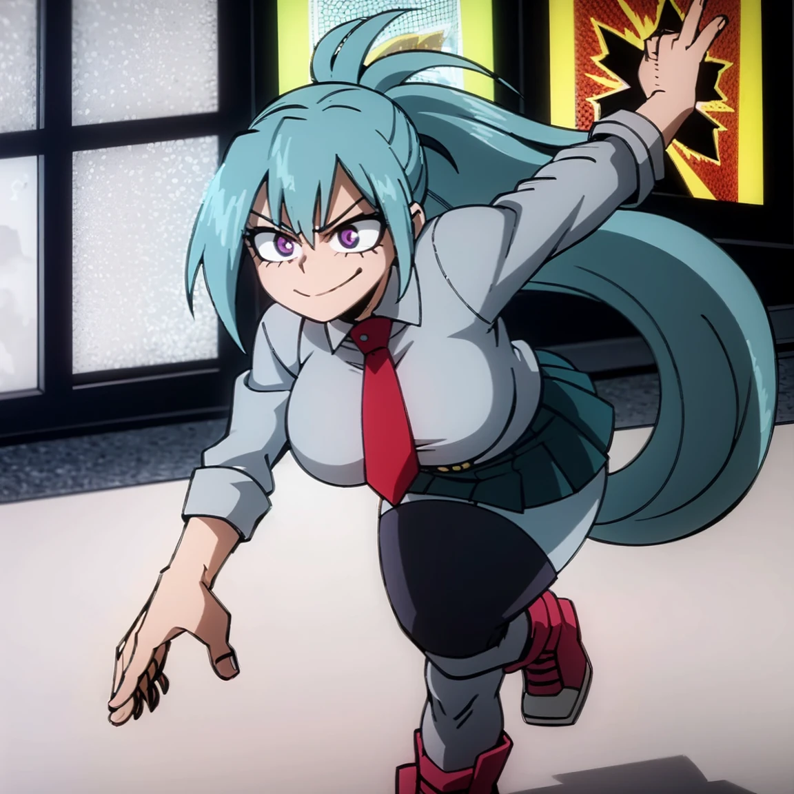1girl, female focus, solo, big breasts, long hair, ponytail hair, aquamarine hair, sky blue hair highlights, violet eyes, smirk, gray jacket, red tie, white shirt, teal skirt, gray tights, boots