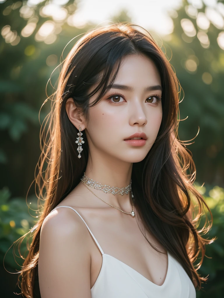 1girl, alone, solitary, high quality, (best quality,4k,8k,highres,masterpiece:1.2),ultra-detailed,(realistic,photorealistic,photo-realistic:1.37),gorgeous hair,dark hair,long straight hair with bangs,puffy eyes,mole on the cheek,plump lips,jewelry,(high detailed skin:1.4),(rim lighting:1.3),(lit:1.3),(sunny day:1.3),portrait,beautiful lips,waist-length hair,seductive gaze,moles,sundress,dress,short dress,close up,really long hair, choker necklace, nose ring